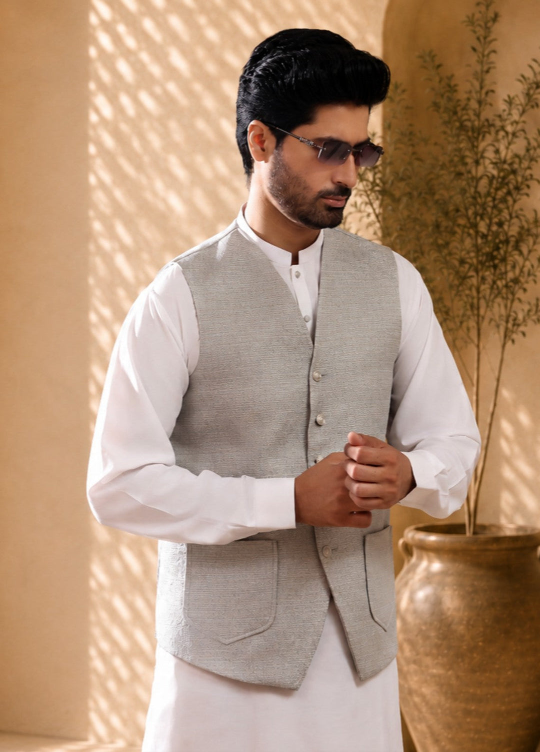 TGM Mens RTW Textured Blended Cotton 3 Piece Suit Meridian Echo Festive Collection