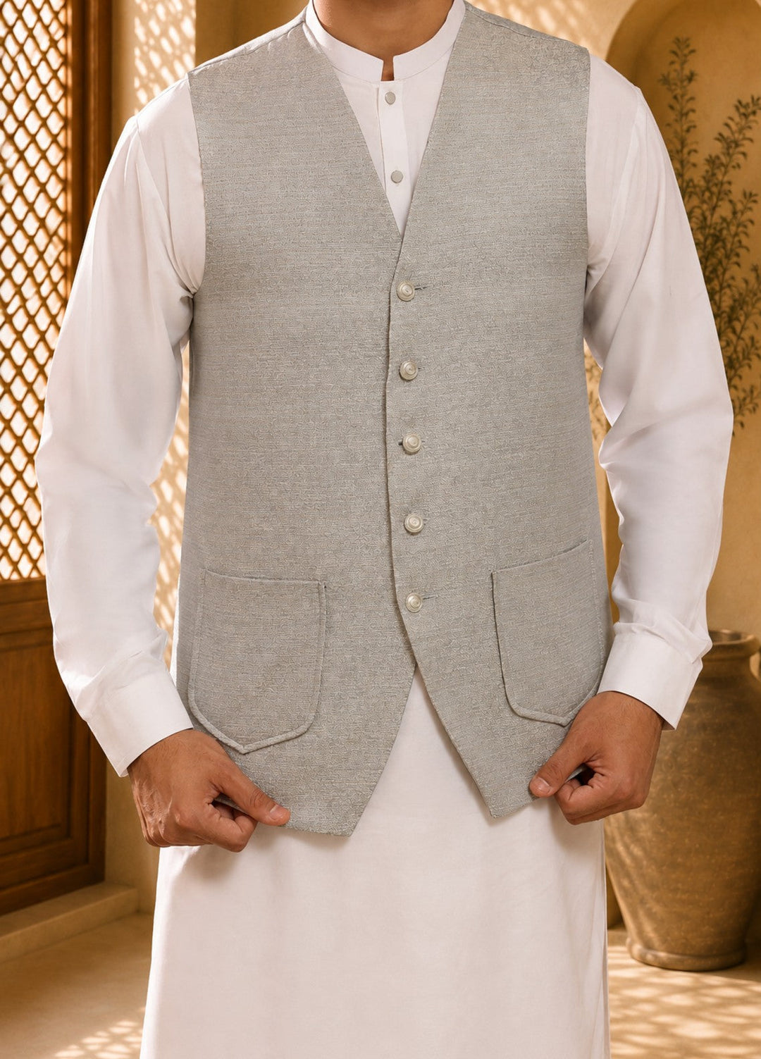 TGM Mens RTW Textured Blended Cotton 3 Piece Suit Meridian Echo Festive Collection