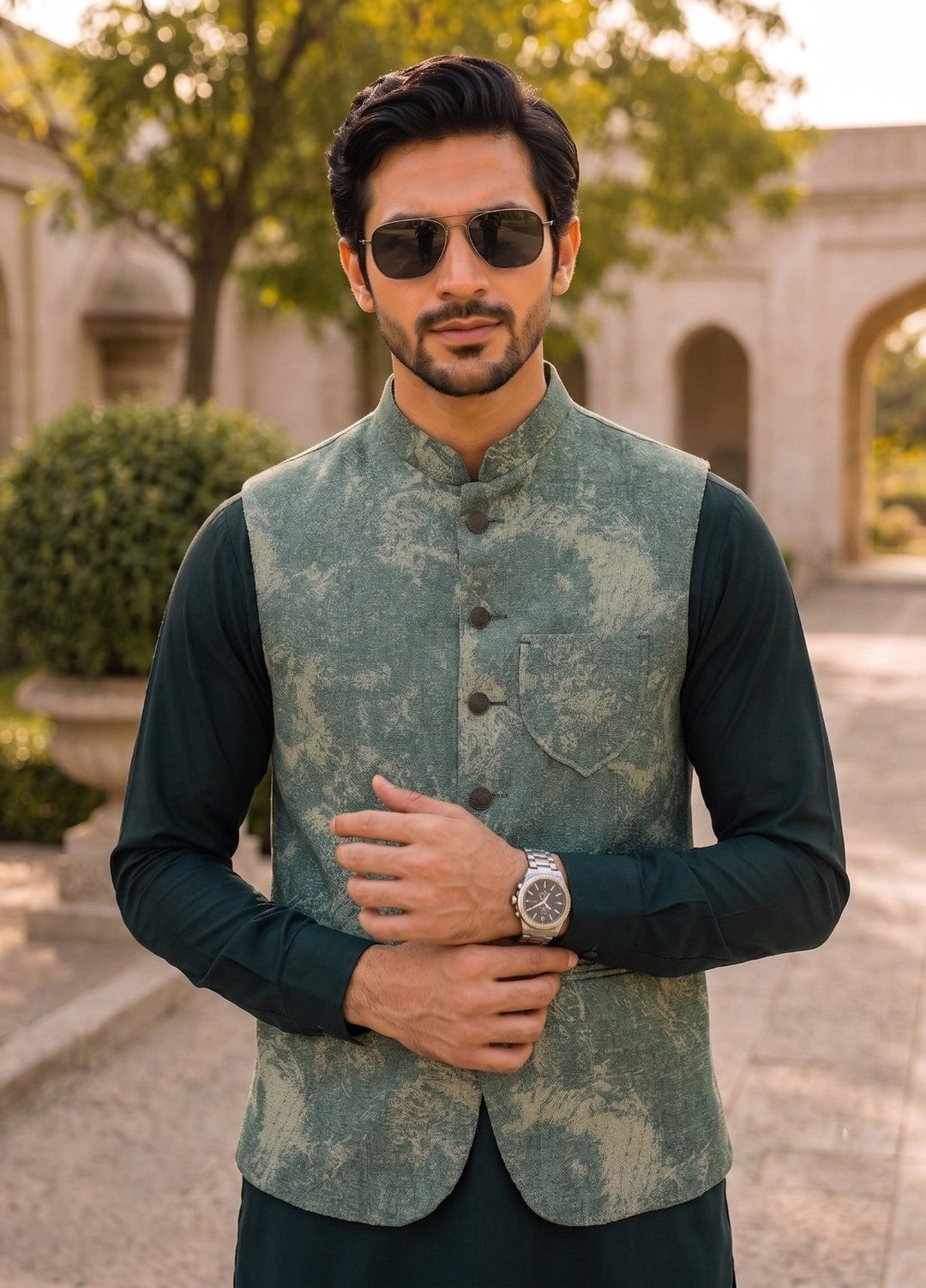 TGM Mens RTW Textured Blended Cotton 3 Piece Suit Sterling Jade Festive Collection