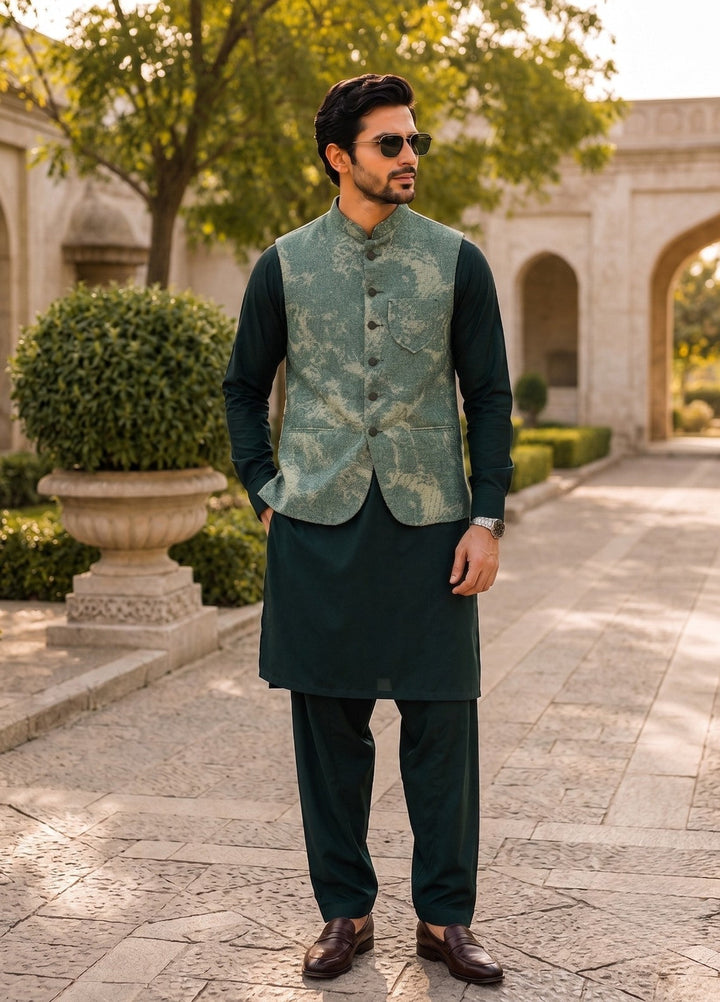 TGM Mens RTW Textured Blended Cotton 3 Piece Suit Sterling Jade Festive Collection