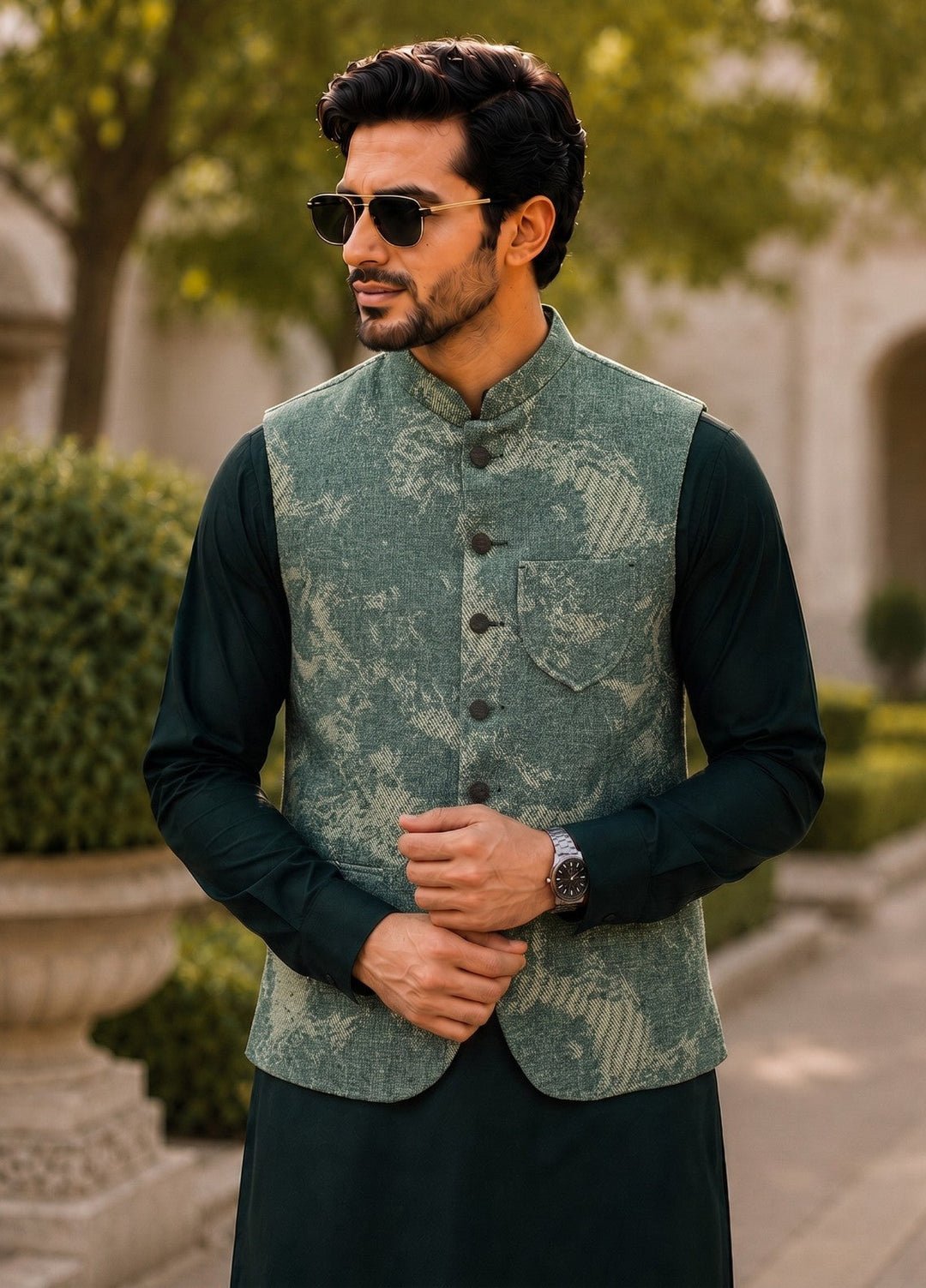 TGM Mens RTW Textured Blended Cotton 3 Piece Suit Sterling Jade Festive Collection