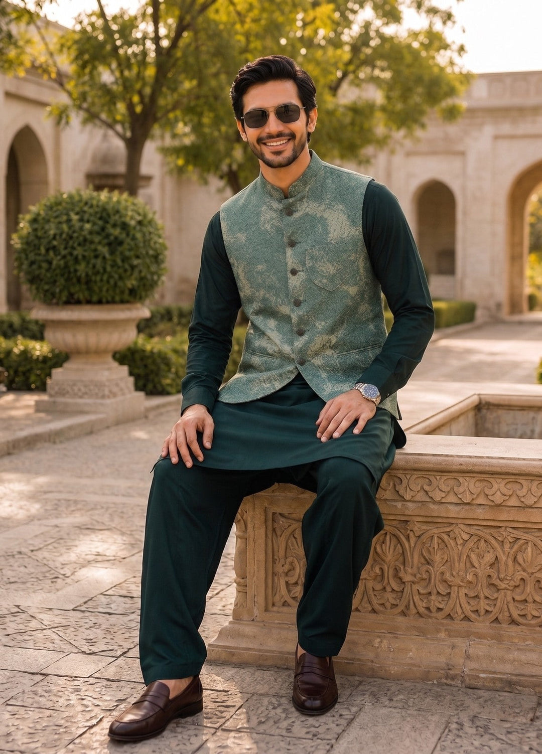 TGM Mens RTW Textured Blended Cotton 3 Piece Suit Sterling Jade Festive Collection