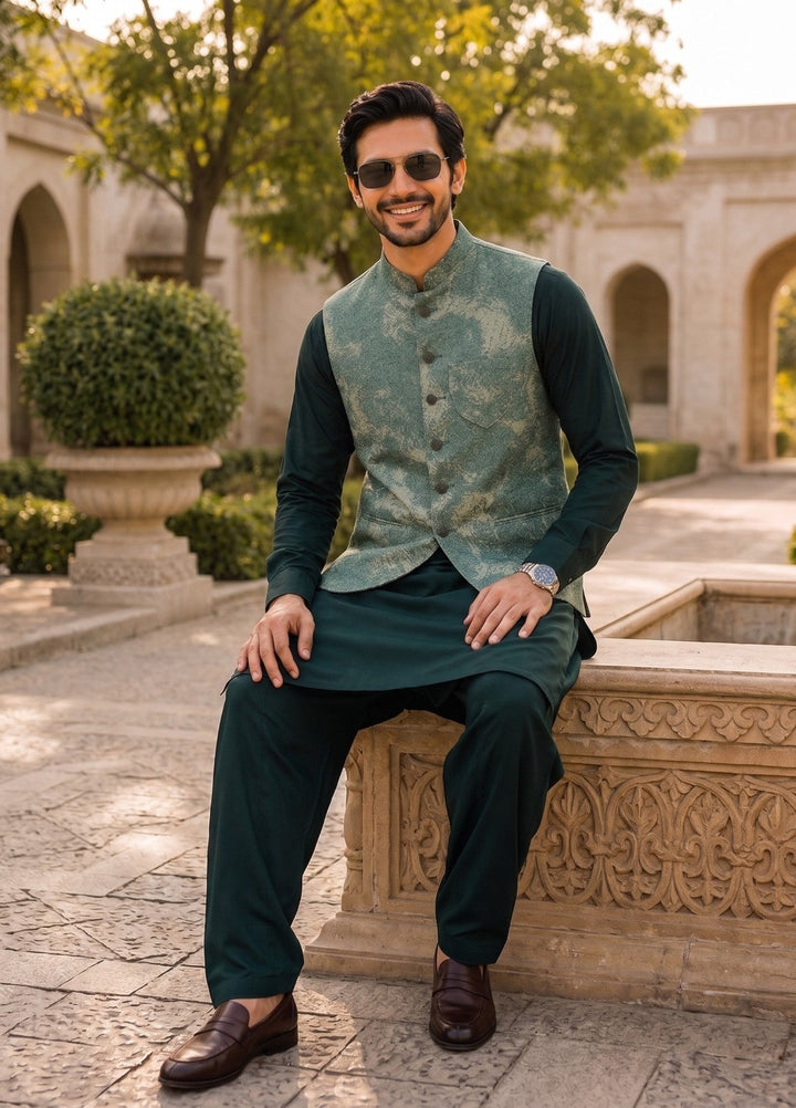 TGM Mens RTW Textured Blended Cotton 3 Piece Suit Sterling Jade Festive Collection