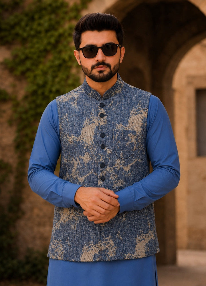 TGM Mens RTW Textured Blended Cotton 3 Piece Suit Sterling Sapphire Festive Collection