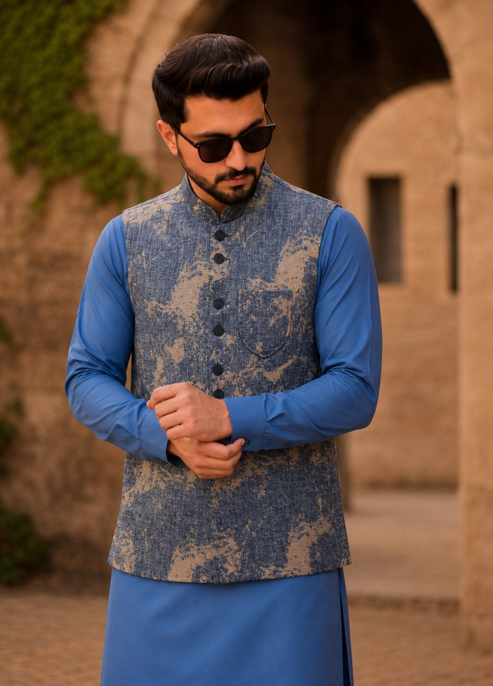 TGM Mens RTW Textured Blended Cotton 3 Piece Suit Sterling Sapphire Festive Collection