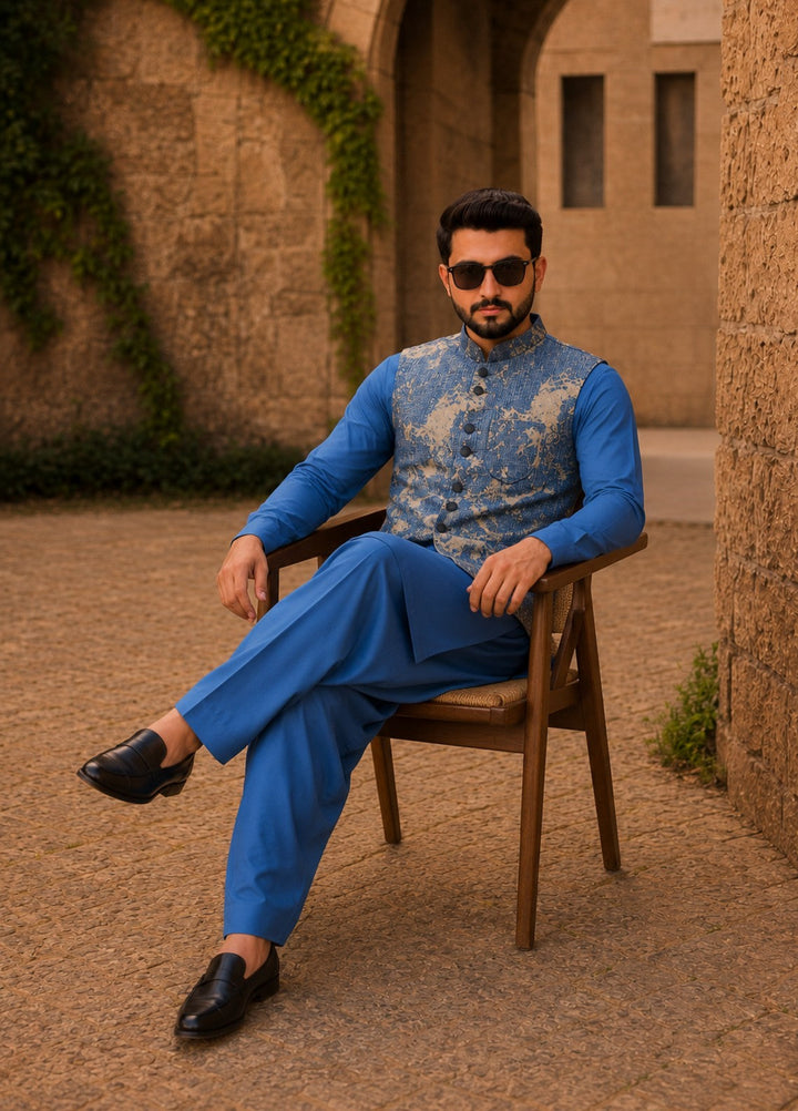 TGM Mens RTW Textured Blended Cotton 3 Piece Suit Sterling Sapphire Festive Collection