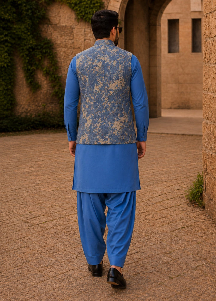 TGM Mens RTW Textured Blended Cotton 3 Piece Suit Sterling Sapphire Festive Collection