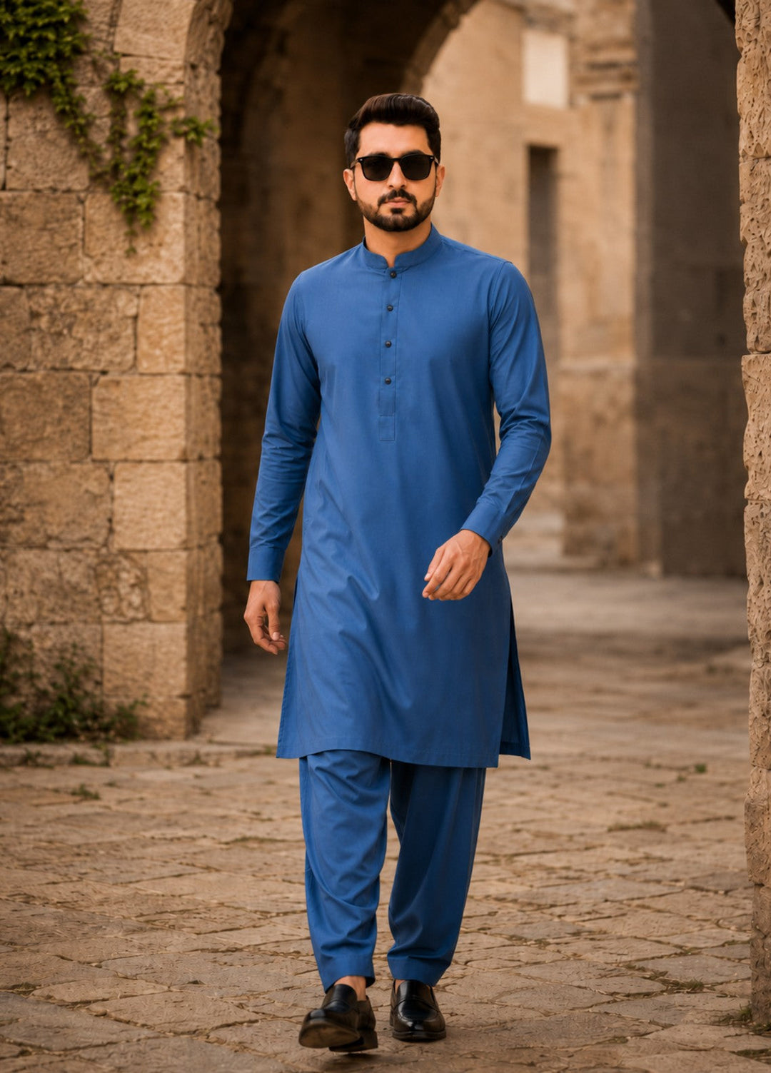 TGM Mens RTW Textured Blended Cotton 3 Piece Suit Sterling Sapphire Festive Collection