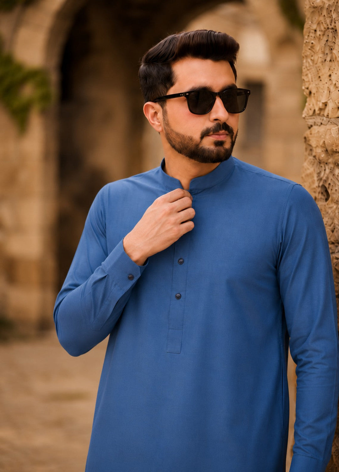 TGM Mens RTW Textured Blended Cotton 3 Piece Suit Sterling Sapphire Festive Collection