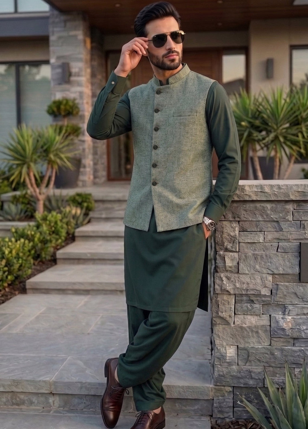 TGM Mens RTW Textured Blended Cotton 3 Piece Suit Sterling Meadow Festive Collection