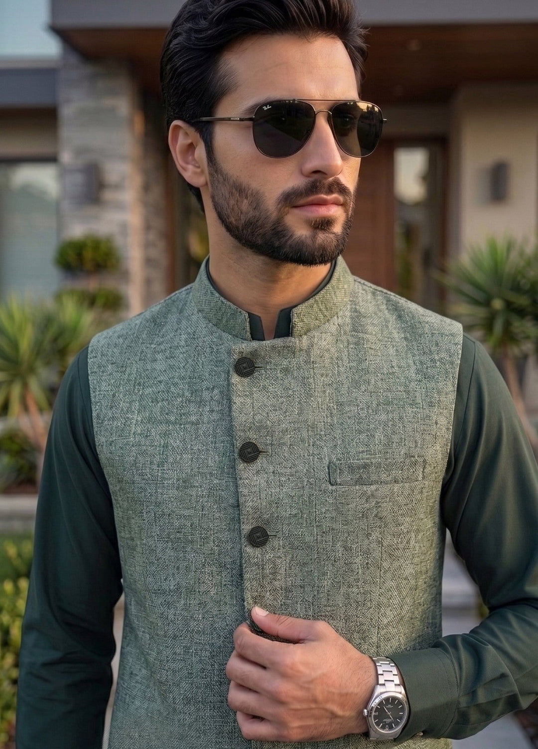 TGM Mens RTW Textured Blended Cotton 3 Piece Suit Sterling Meadow Festive Collection