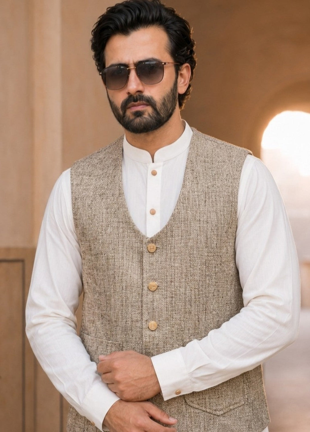 TGM Mens RTW Textured Blended Cotton 3 Piece Suit Sterling Mushroom Festive Collection
