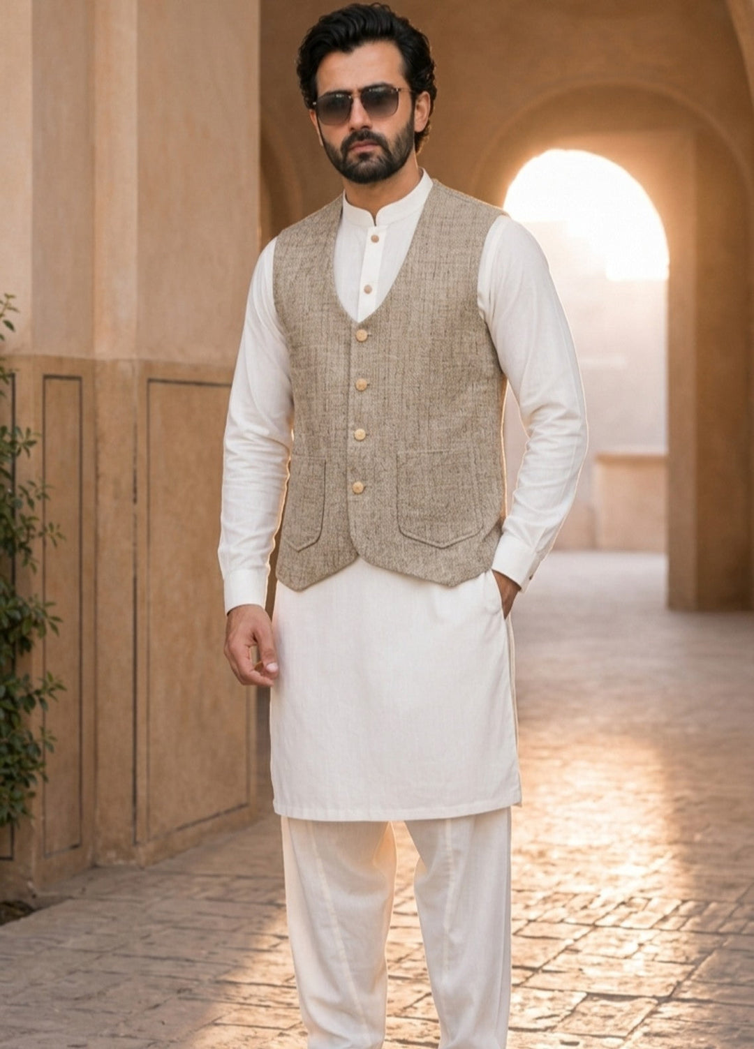 TGM Mens RTW Textured Blended Cotton 3 Piece Suit Sterling Mushroom Festive Collection