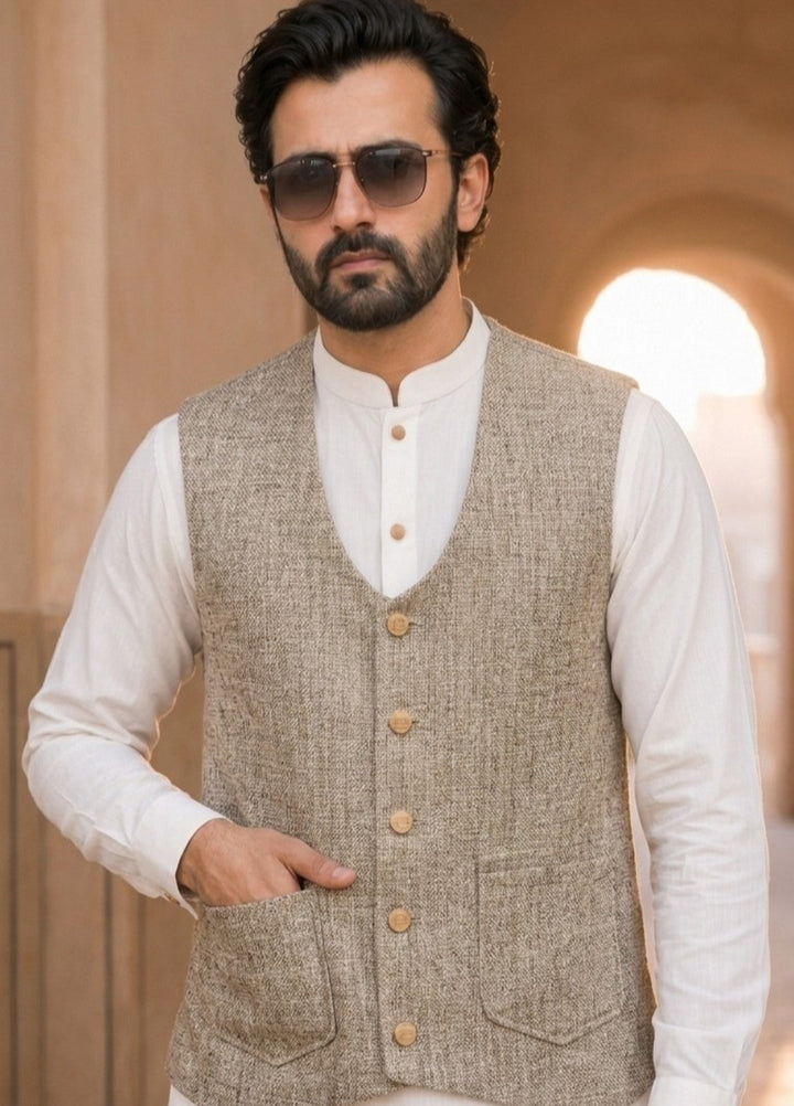 TGM Mens RTW Textured Blended Cotton 3 Piece Suit Sterling Mushroom Festive Collection