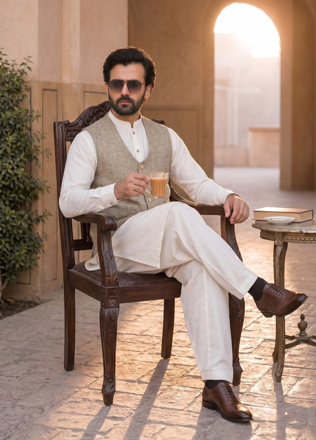 TGM Mens RTW Textured Blended Cotton 3 Piece Suit Sterling Mushroom Festive Collection