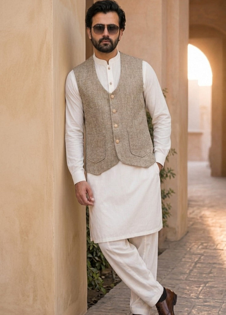 TGM Mens RTW Textured Blended Cotton 3 Piece Suit Sterling Mushroom Festive Collection