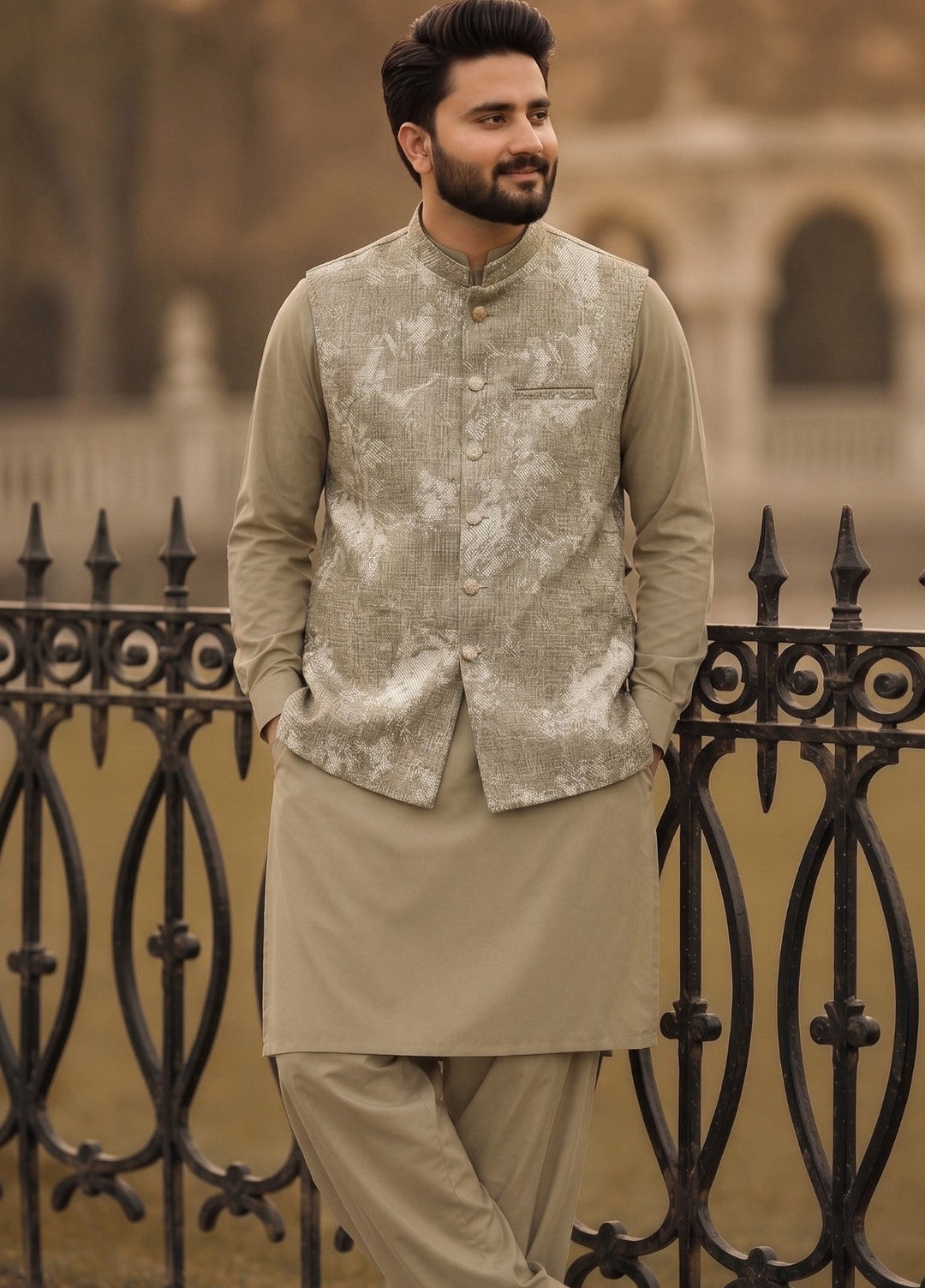 TGM Mens RTW Textured Blended Cotton 3 Piece Suit Sterling Almond Festive Collection