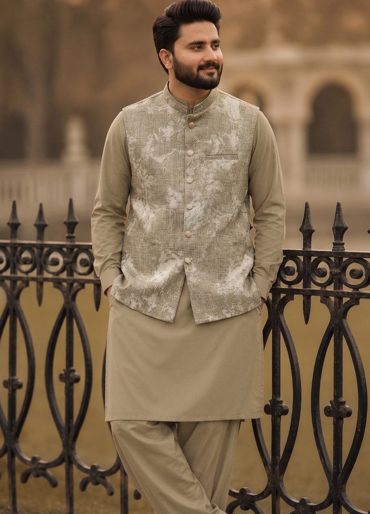 TGM Mens RTW Textured Blended Cotton 3 Piece Suit Sterling Almond Festive Collection