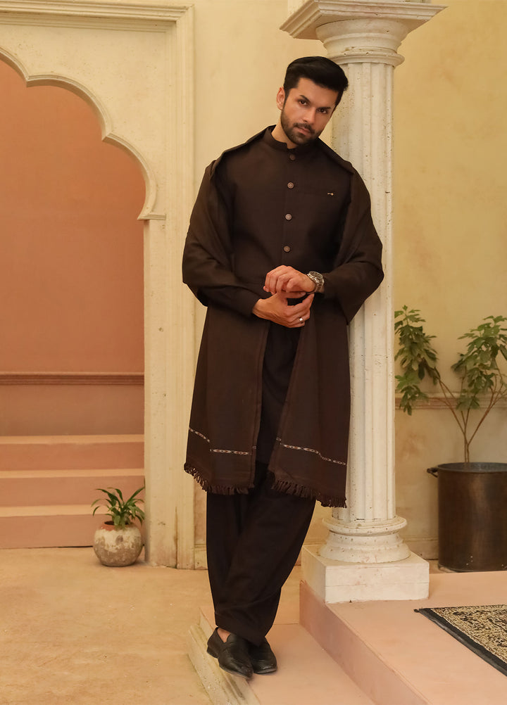 Mazham Mens Shawls Textured Wool 1 Piece Dark Chocolate Brown Winter Collection