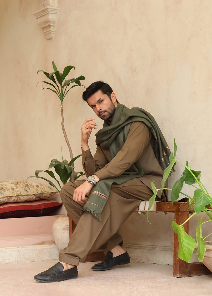 Mazham Mens Shawls Textured Acrylic 1 Piece Muted Olive Green Winter Collection