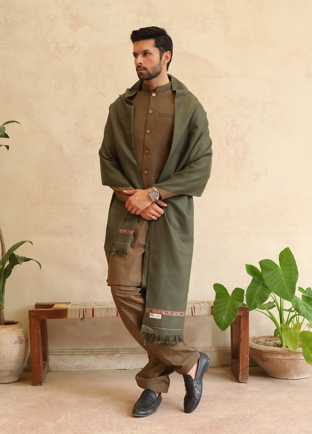 Mazham Mens Shawls Textured Acrylic 1 Piece Muted Olive Green Winter Collection