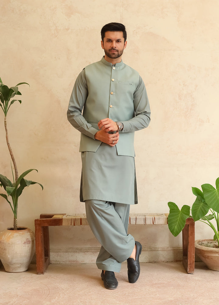A-Line by Mazham RTW Solids Blended 3 Piece Suit Misty Green Winter Collection