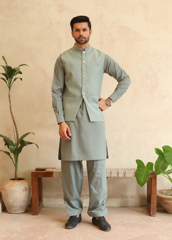 A-Line by Mazham RTW Solids Blended 3 Piece Suit Misty Green Winter Collection