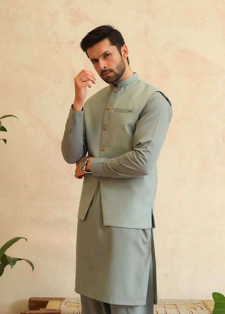 A-Line by Mazham RTW Solids Blended 3 Piece Suit Misty Green Winter Collection