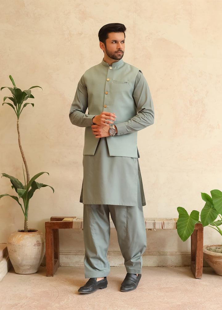 A-Line by Mazham RTW Solids Blended 3 Piece Suit Misty Green Winter Collection