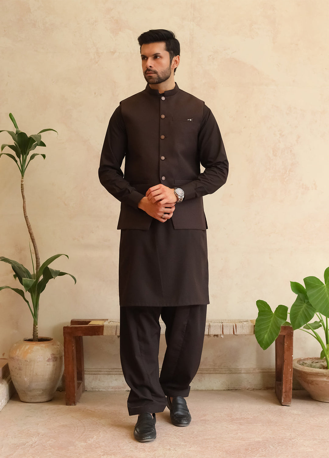 A-Line by Mazham RTW Solids Blended 3 Piece Suit Dark Espresso Brown Winter Collection
