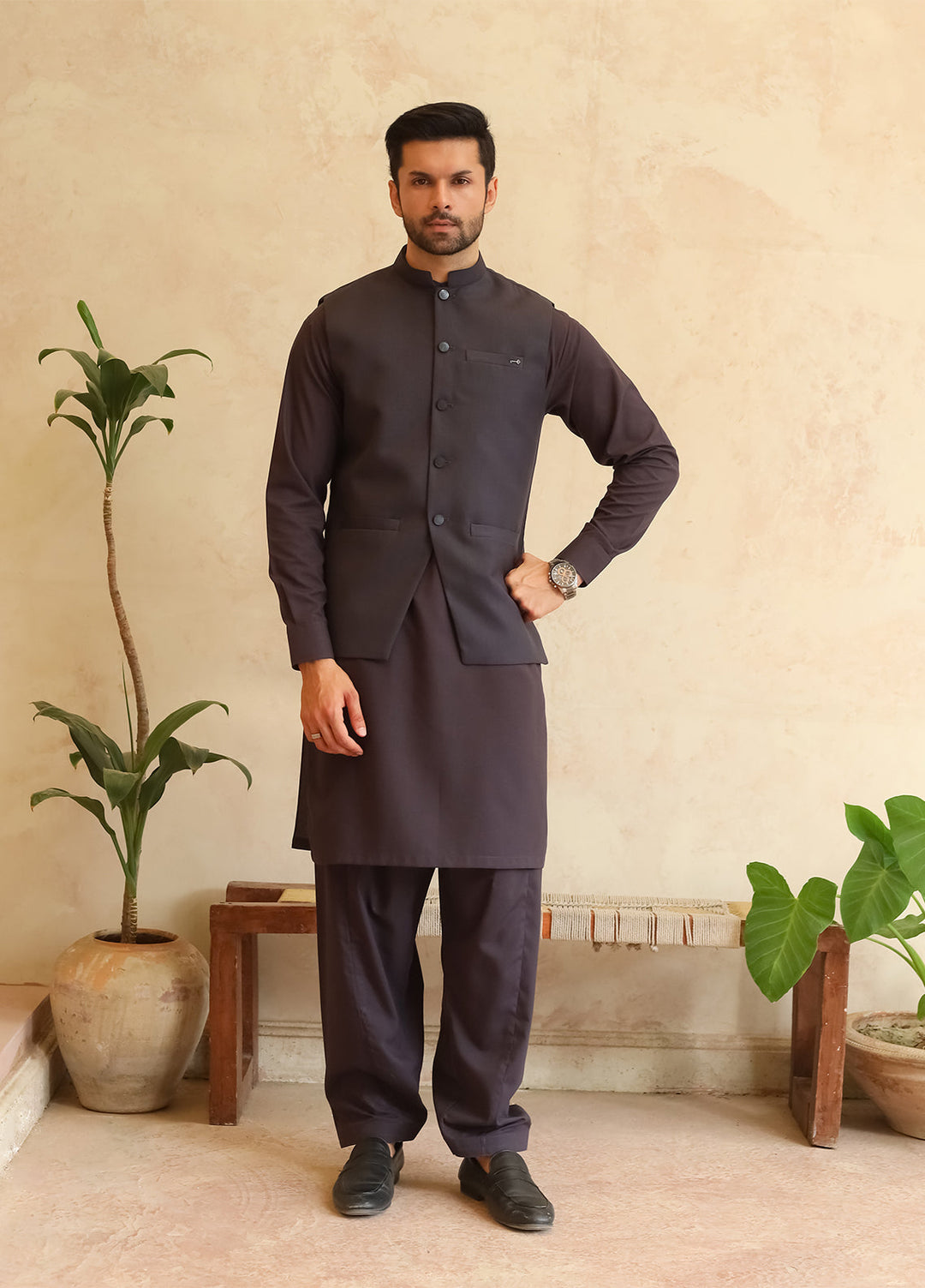 A-Line by Mazham RTW Solids Blended 3 Piece Suit Deep Burgundy Winter Collection