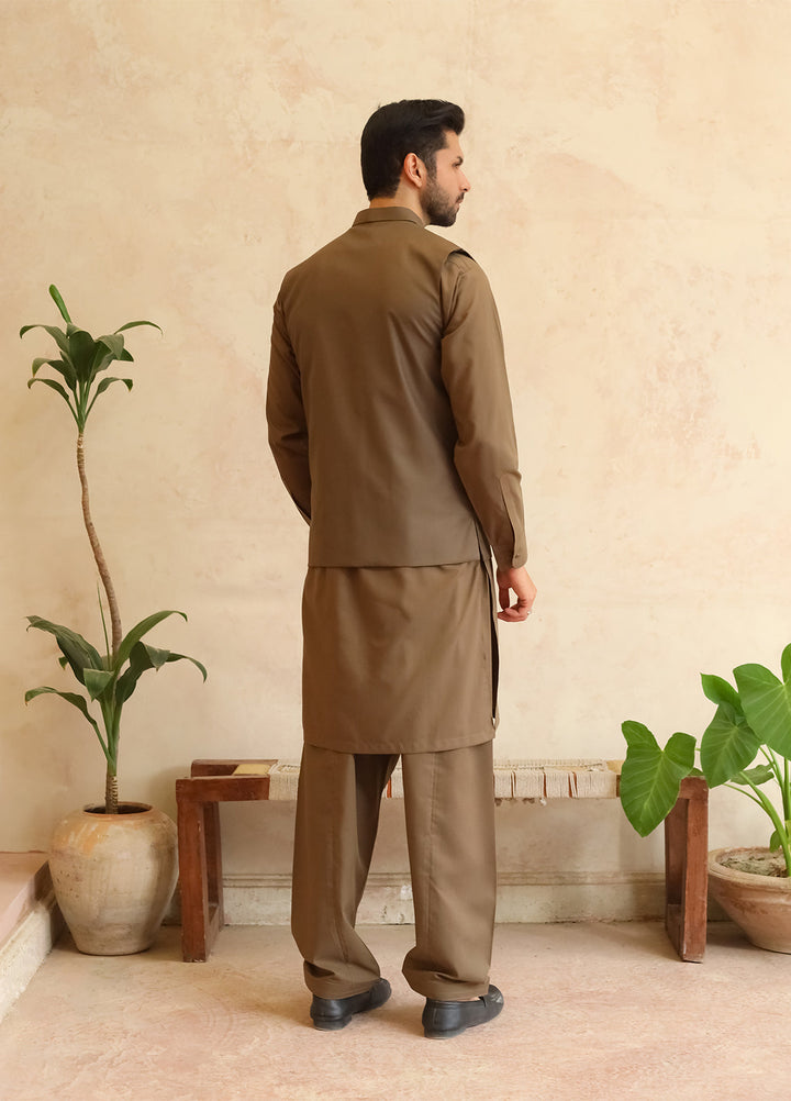 A-Line by Mazham RTW Solids Blended 3 Piece Suit Olive Brown Winter Collection