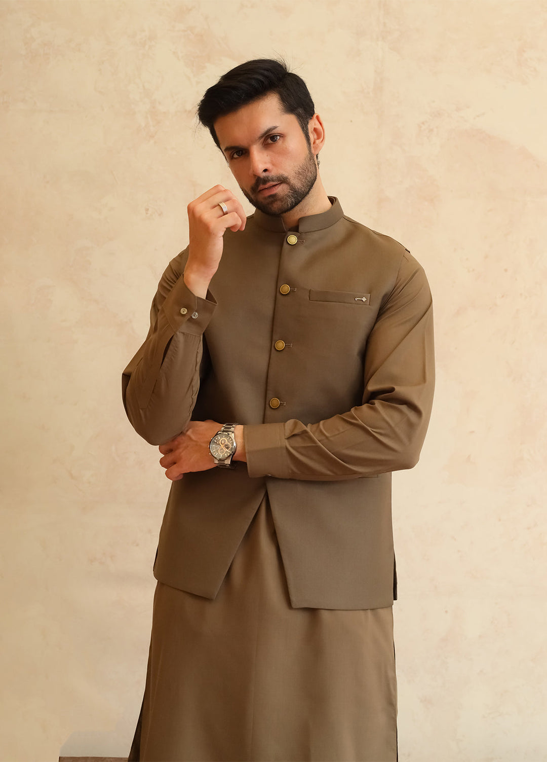 A-Line by Mazham RTW Solids Blended 3 Piece Suit Olive Brown Winter Collection