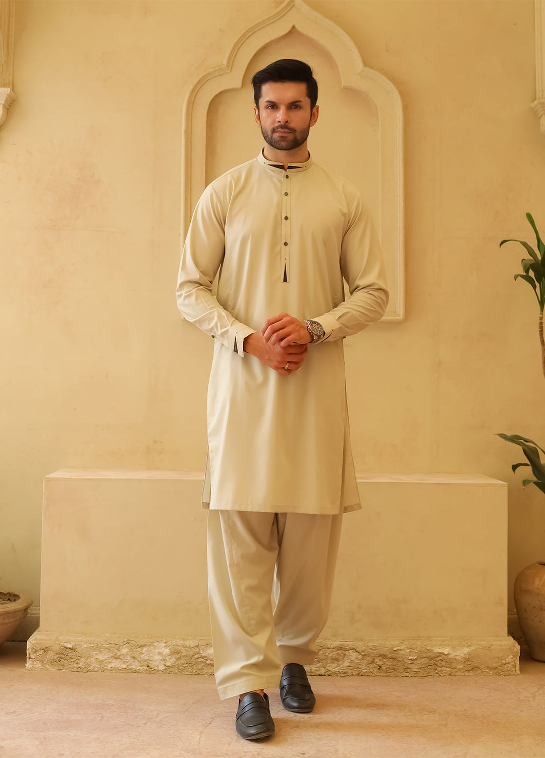Mazham Mens Kameez Shalwar RTW Solids Blended 2 Piece Suit Grape Pista Cream Casual Collection