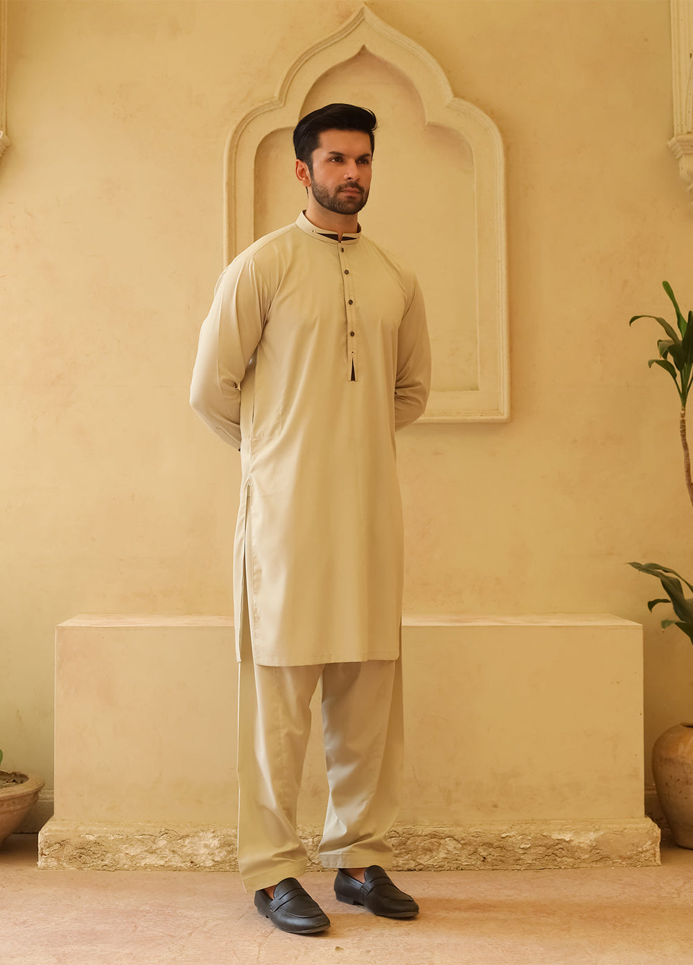 Mazham Mens Kameez Shalwar RTW Solids Blended 2 Piece Suit Grape Pista Cream Casual Collection