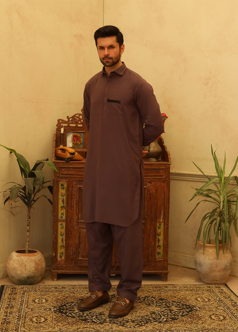 Mazham Mens Kameez Shalwar RTW Solids Blended 2 Piece Suit Dark Purple Casual Collection