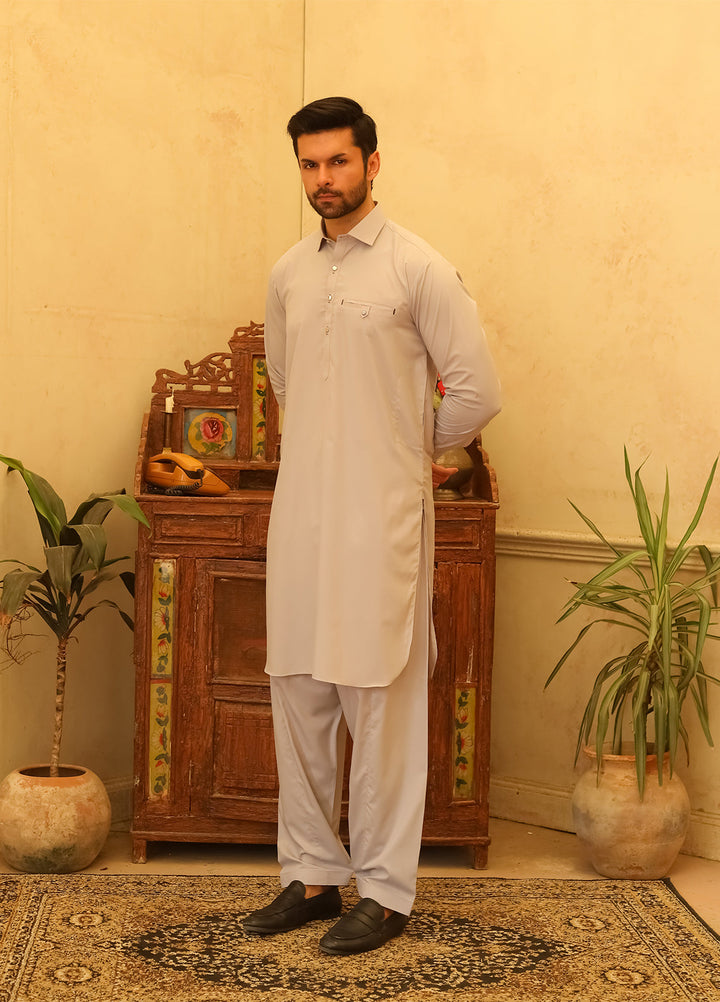 Mazham Mens Kameez Shalwar RTW Solids Blended 2 Piece Suit Silver Gray Casual Collection