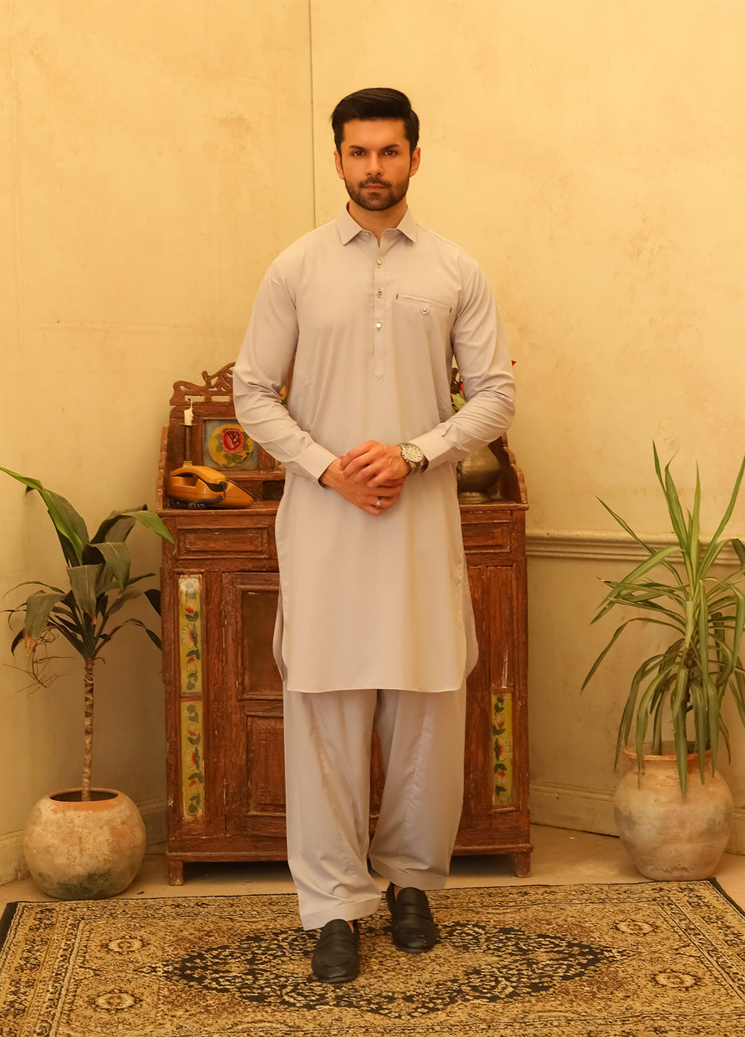 Mazham Mens Kameez Shalwar RTW Solids Blended 2 Piece Suit Silver Gray Casual Collection