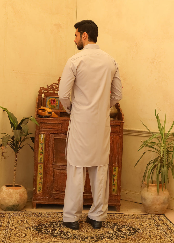 Mazham Mens Kameez Shalwar RTW Solids Blended 2 Piece Suit Silver Gray Casual Collection