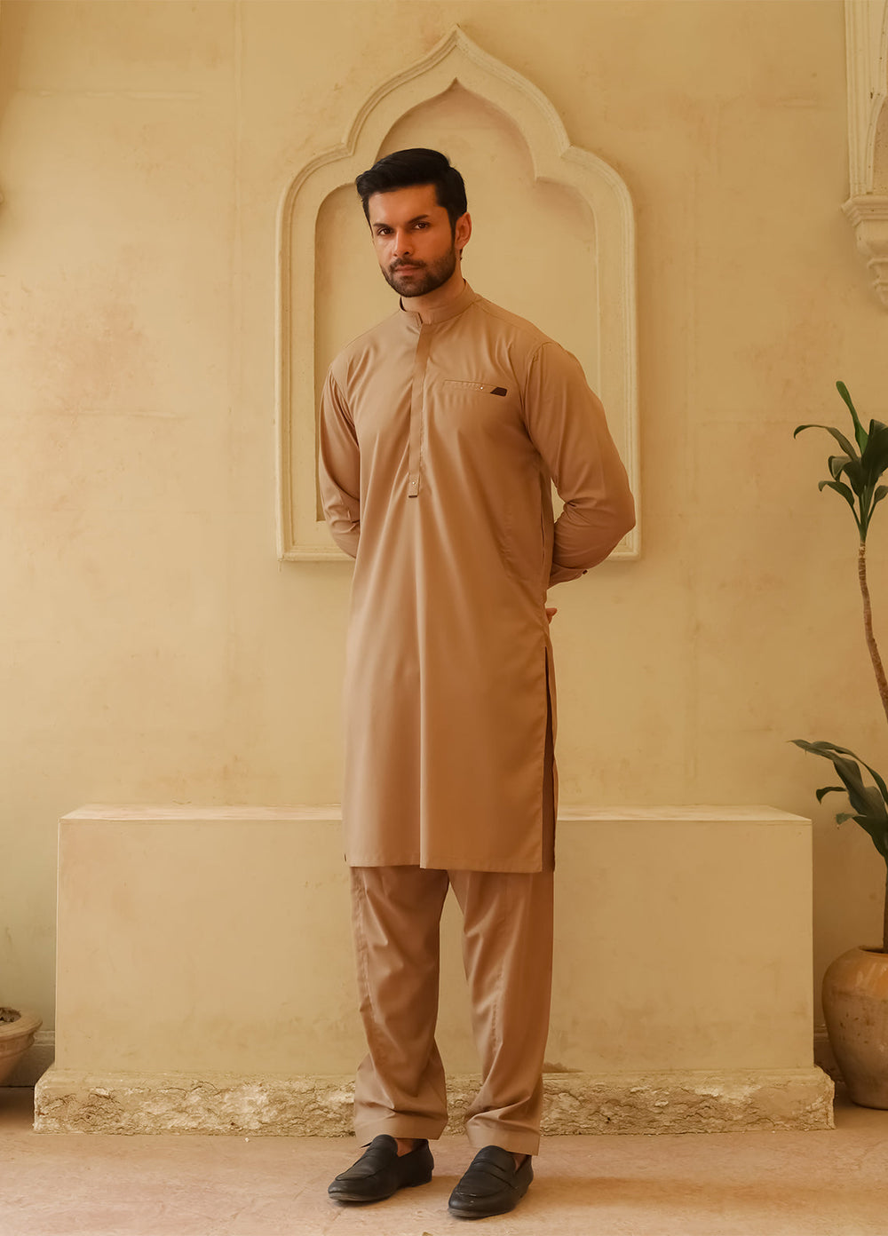 Mazham Mens Kameez Shalwar RTW Solids Blended 2 Piece Suit Camel Brown Casual Collection