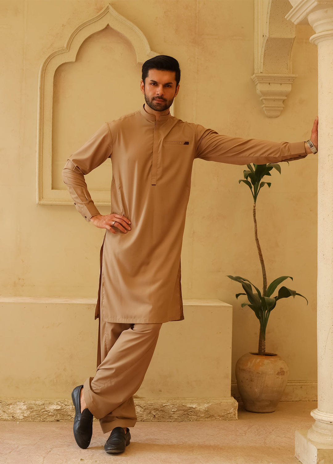 Mazham Mens Kameez Shalwar RTW Solids Blended 2 Piece Suit Camel Brown Casual Collection