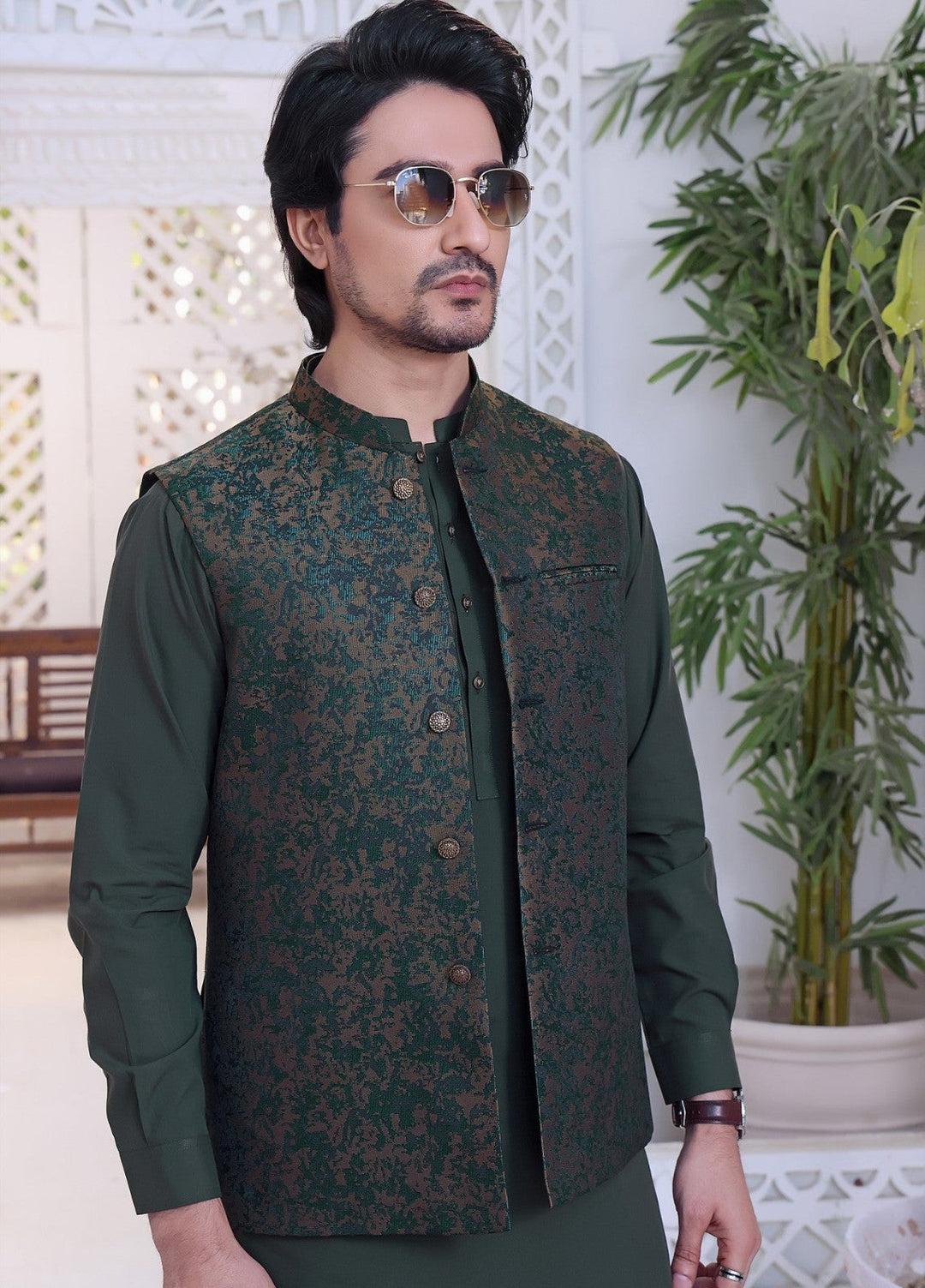 TGM Men RTW Textured Blended 3 Piece Suit Basil Green Festive Collection