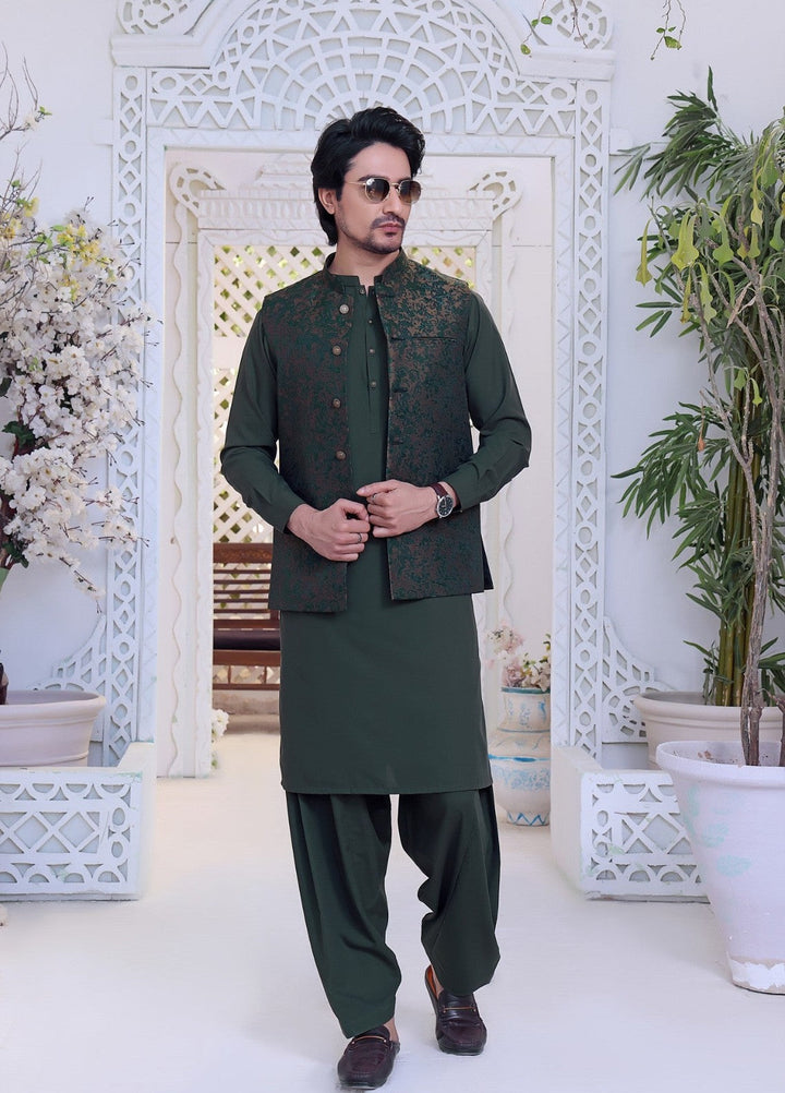 TGM Men RTW Textured Blended 3 Piece Suit Basil Green Festive Collection