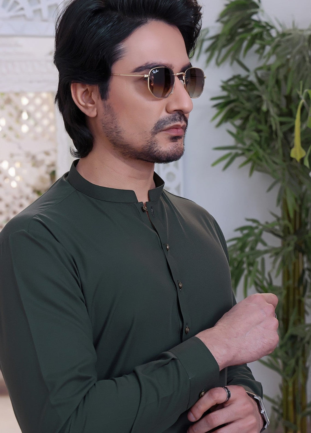 TGM Men RTW Textured Blended 3 Piece Suit Basil Green Festive Collection