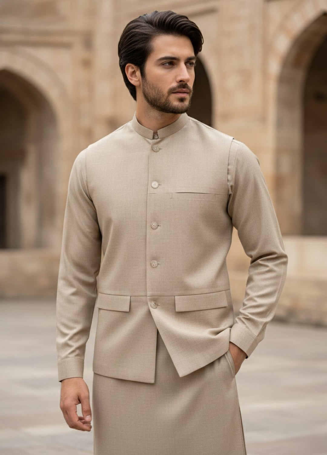 TGM Men RTW Solids Blended 3 Piece Suit Sahara Beige Prestige Festive Collection