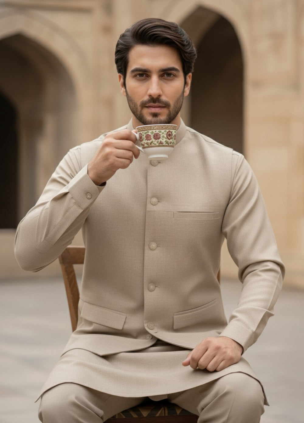 TGM Men RTW Solids Blended 3 Piece Suit Sahara Beige Prestige Festive Collection