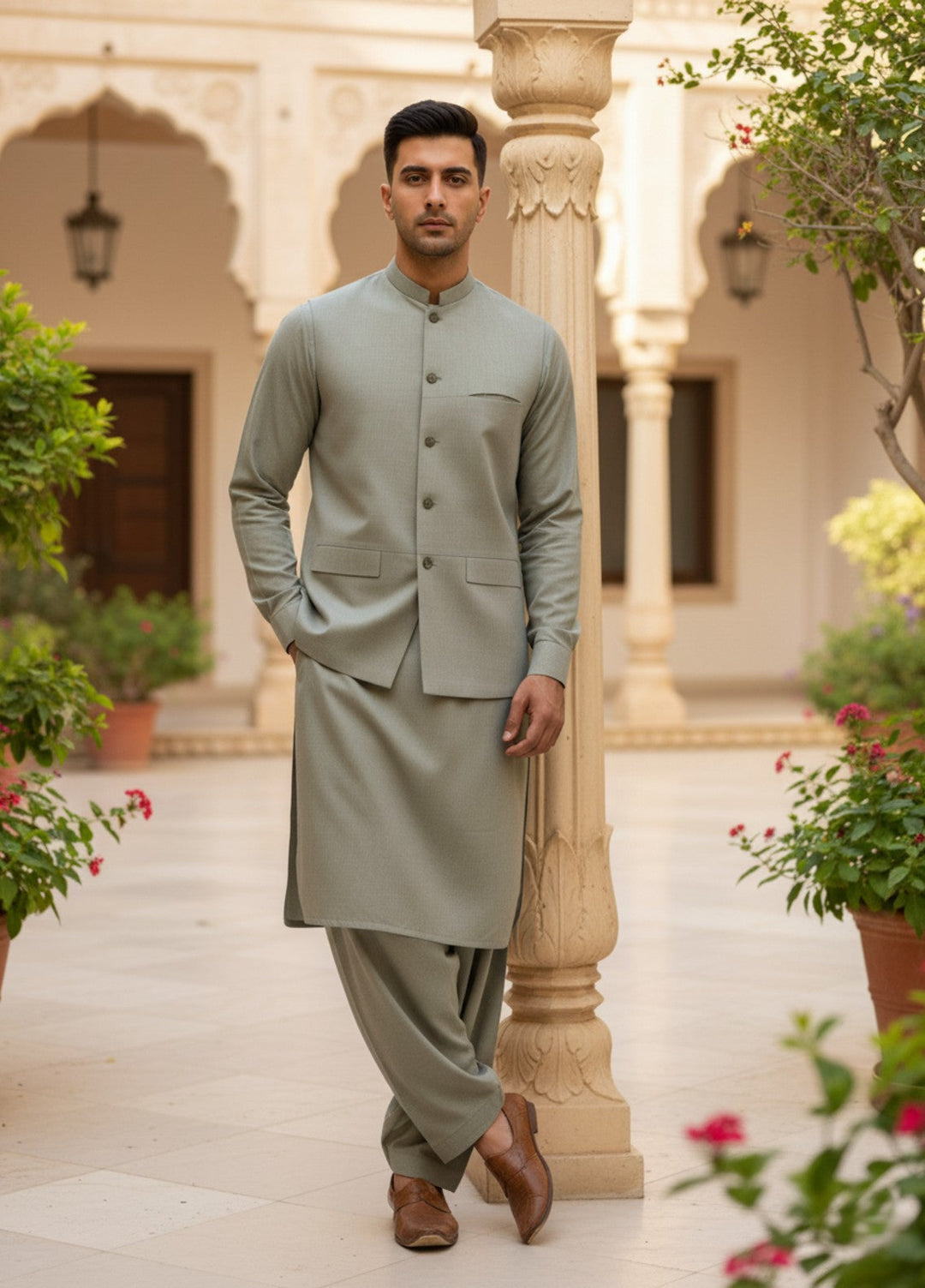 TGM Men RTW Solids Blended 3 Piece Suit Sage Mist Heritage Festive Collection