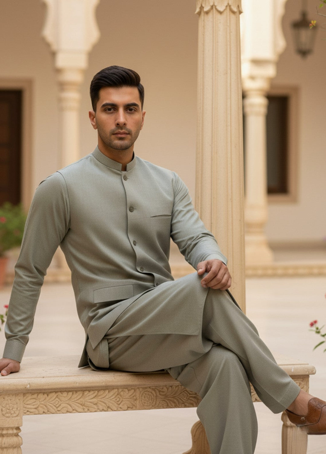 TGM Men RTW Solids Blended 3 Piece Suit Sage Mist Heritage Festive Collection