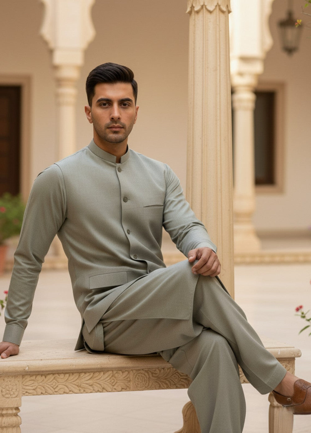 TGM Men RTW Solids Blended 3 Piece Suit Sage Mist Heritage Festive Collection