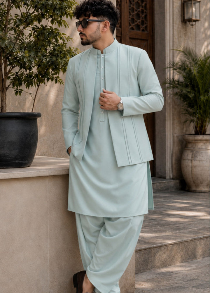 TGM Men RTW Solids Blended 3 Piece Suit Mint Majesty Festive Collection